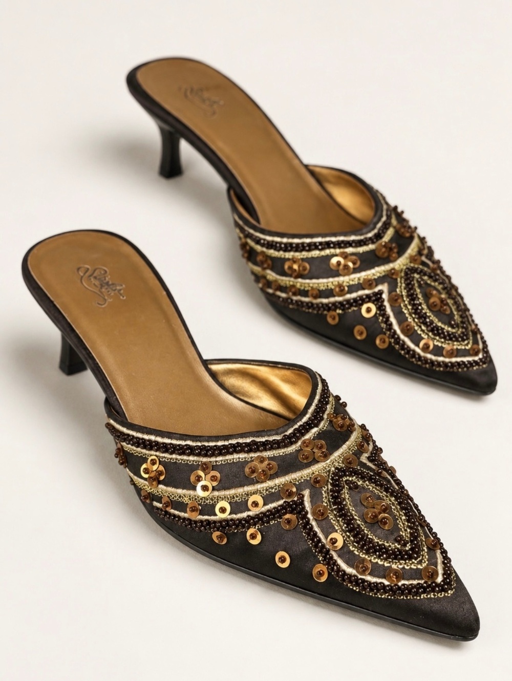 Scarlett Star Jones Vintage Y2K Mule Pump Brown Sequin Beaded Kitten Heels